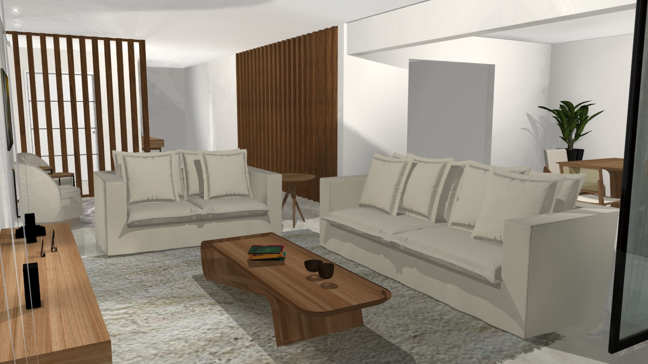 Visualização 3D de ambiente com estofados sofisticados